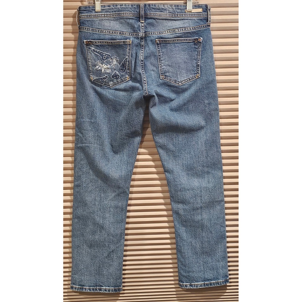 Pilcro Anthropologie Slim Boyfriend Embroidered Patchwork Jeans 28 Petite Boho - Picture 5 of 12